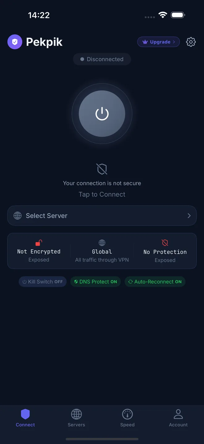 Pekpik VPN على iPhone: شاشة الاتصال بنقرة واحدة