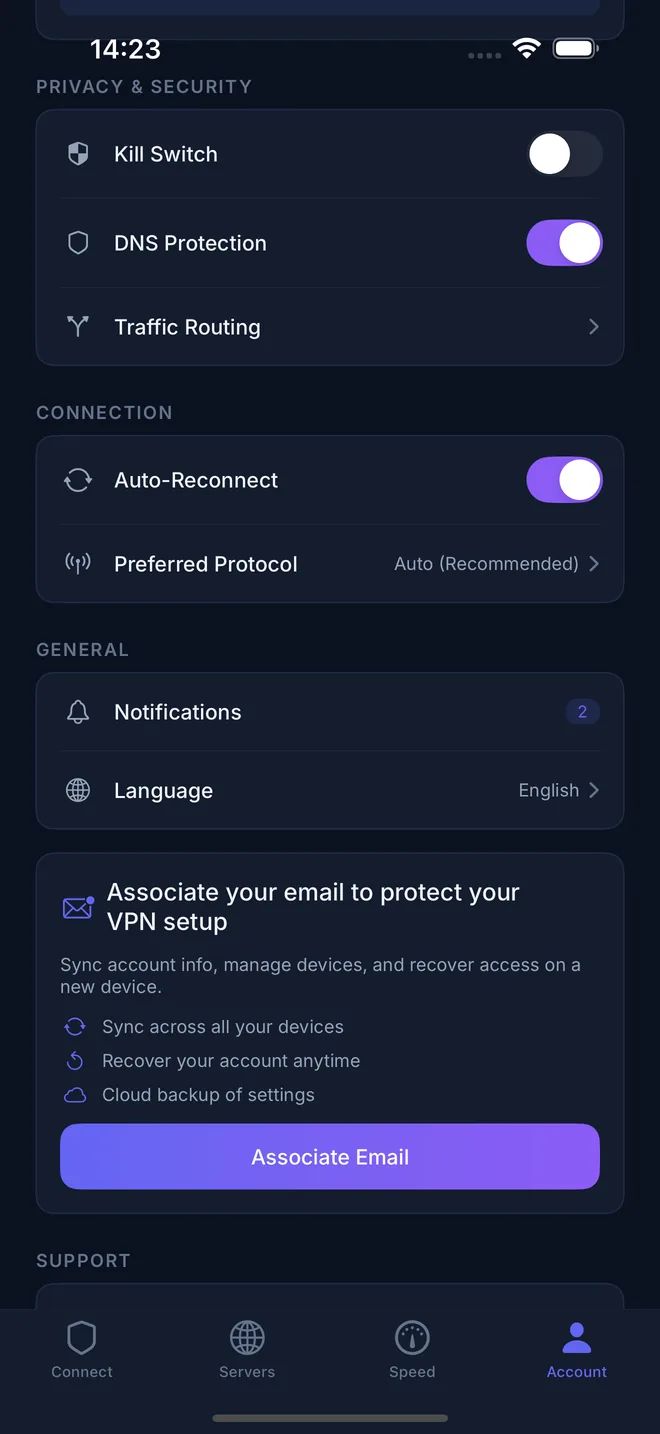 شاشة الإعدادات في Pekpik على iPhone